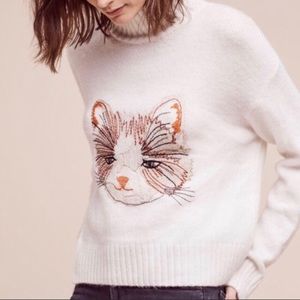 Anthropologie Cream Sweater with Cat Face Embroidery